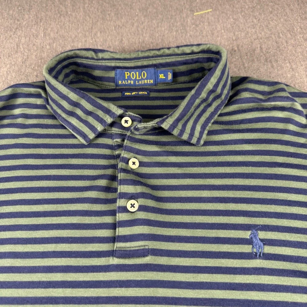 Polo Ralph Lauren Mens XL Pima Soft Touch Striped Polo Shirt Green Navy Blue